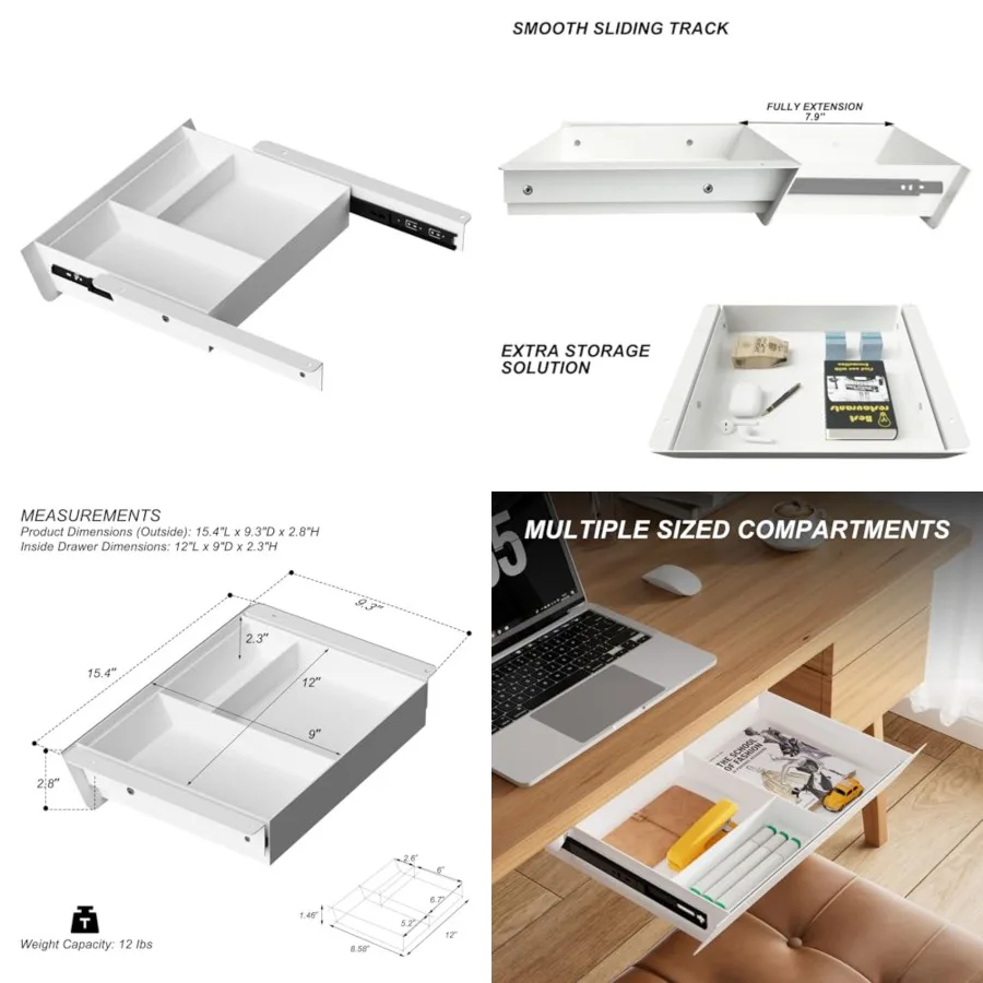 

Under Desk Drawer Reovabe, 15.4" Wide 2-in-1 Organizer 60° Ergonoic Tit, 4-Copartent Insert for Pens, Phones and Cabes, Ba Bear