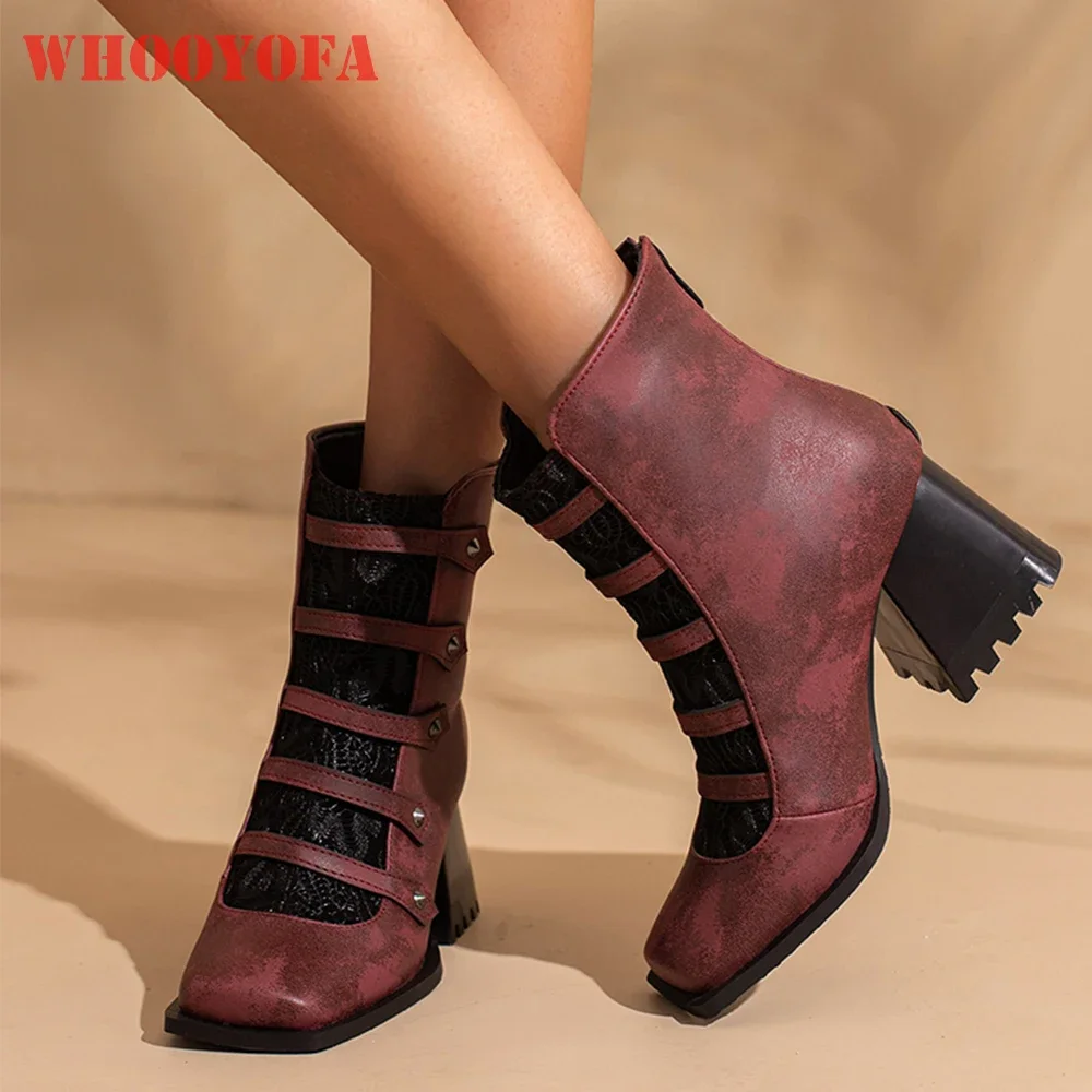 

Зимние новые гламурные винно-красные черные женские ботильоны с квадратным носком на высоком каблуке, школьные женские модельные туфли, большие размеры 11 43 46 48