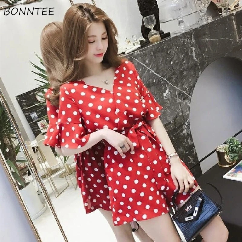 

Women Rompers 4XL Sashes Dot Loose Wide Leg Leisure Elegant Soft Ulzzang All-match Trendy Slim Daily Females Summer Kawaii Cozy