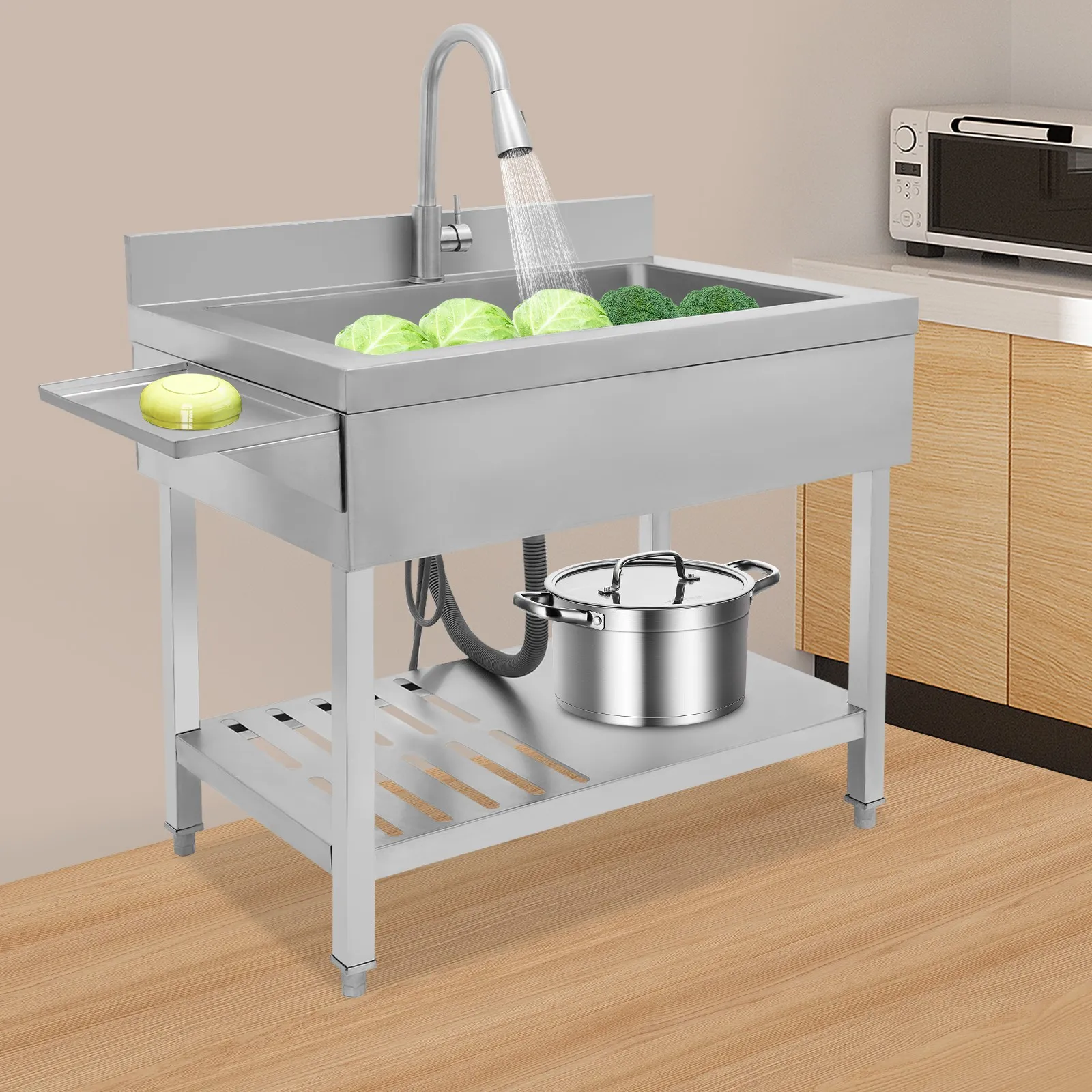 

Single Bowl Kitchen Sink Stainless Steel Material Pull Out Faucet Easy Installation