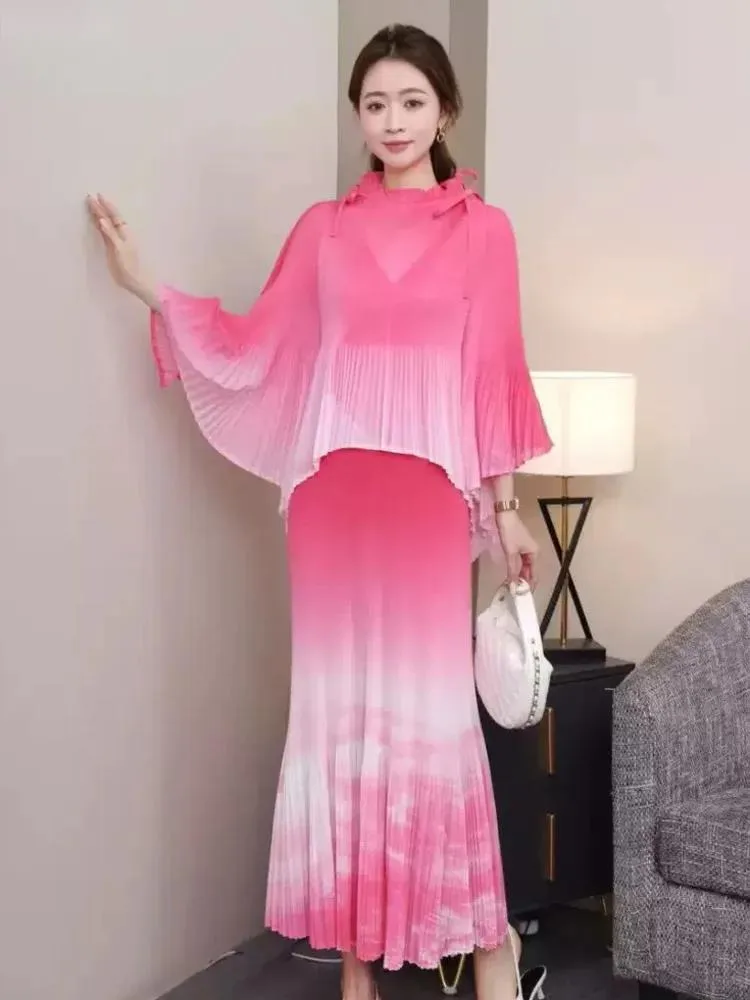 

Printed Pleated Set Big Size Shirt Women's Clothing Flared Sleeves Drawstring Top Pleated Gradient Skirt Autumn New