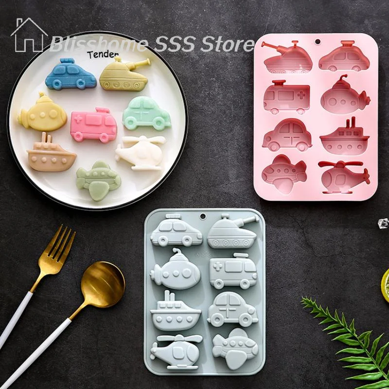 【S】8 Cavity Transportation Theme Silicone Molds Car Airplane Ship Shaped Candy Mold Candy Chocolate Baking Accessories