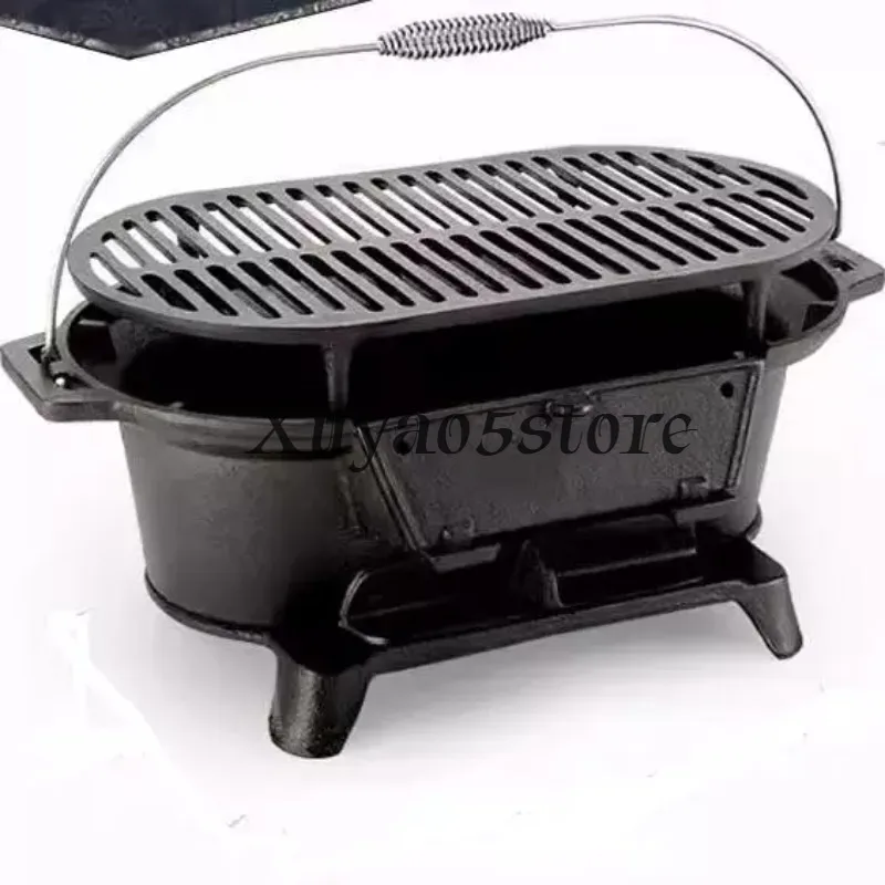 Cast Iron BBQ Grill Uncoated with Grill Mesh, Large Wood Charcoal Fireplace for Outdoor Picnic Camping Team Building Ming