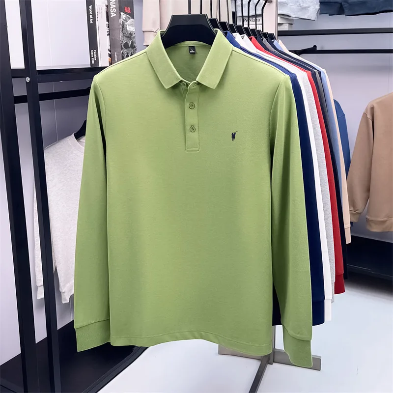 Long sleeved polo shirt for men in spring and autumn 2025, cotton T-shirt with embroidered pony logo, pure white upper garment