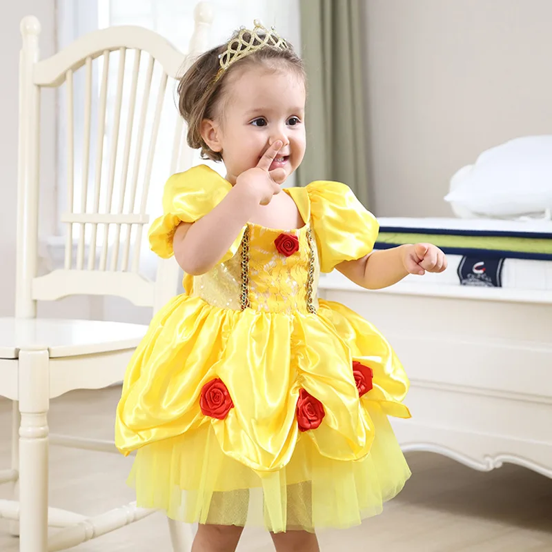 Baby Girl Princess Belle Dress Toddler Birthday Party Puffy Pageant Dress Halloween Costume Toddler Girls Yellow Flowers Romper