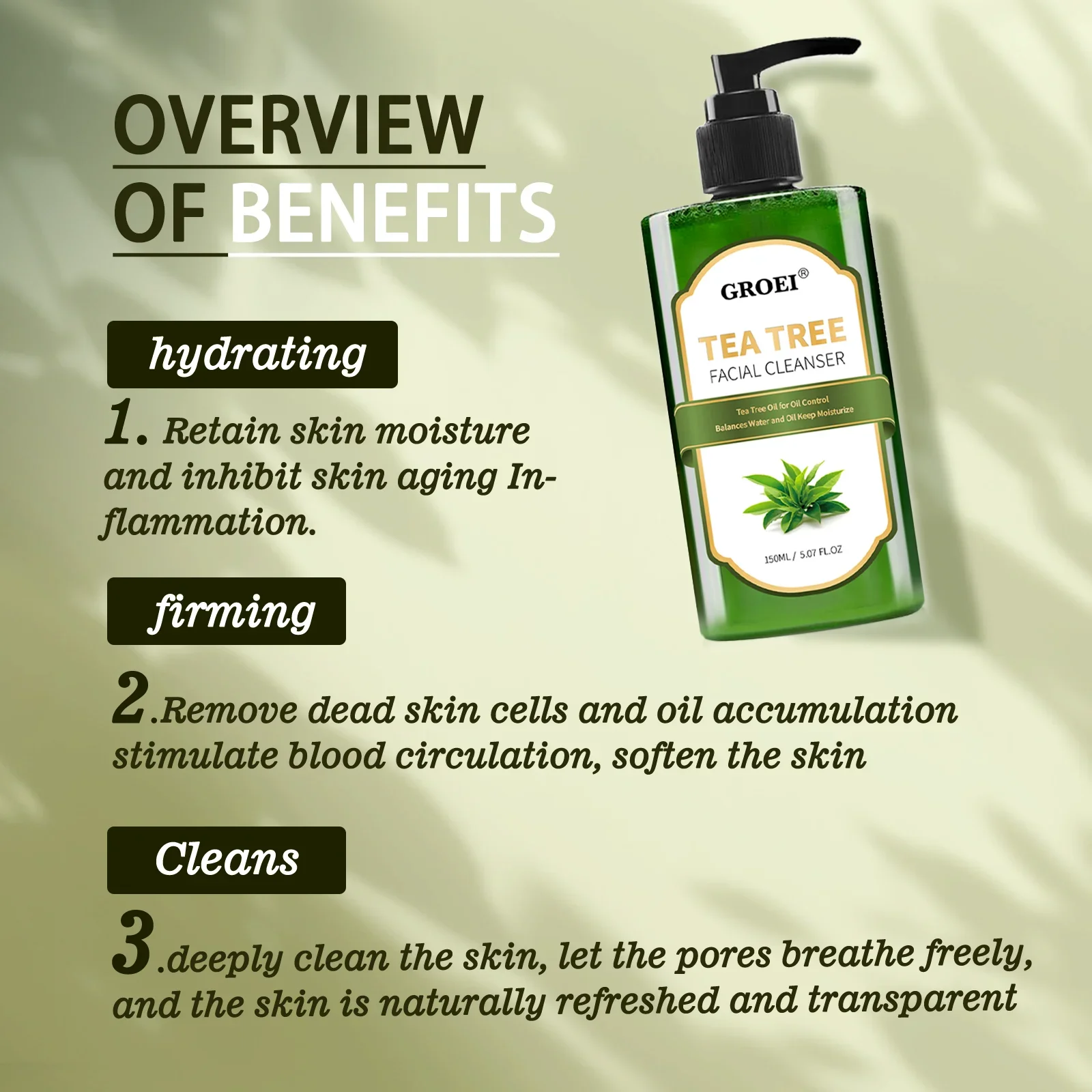 GROEI Tea Tree Facial Cleanser 150ml Deep Cleansing, Hydrating, Oil Control & Pore Tightening for Smooth Skin