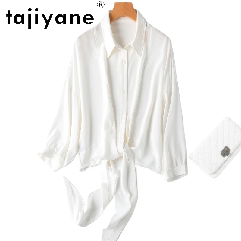 

TAJIYANE 100% шелковая рубашка из тутового шелкопряда, женская элегантная белая блузка, повседневная блузка с длинным рукавом на завязках, весенняя одежда для женщин 2026