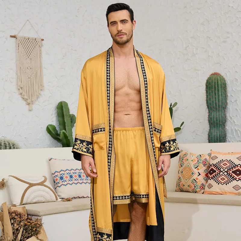 Print Robe Suit Home Clothes Bathrobe Nightwear Loose Kimono Men Ice Silk Robe Shorts Set