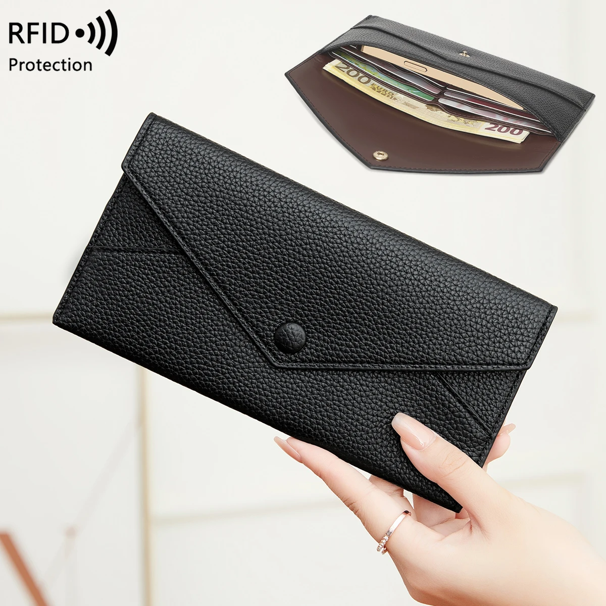 RFID Anti-Theft Purse for Women, Lychee Print, Soft Leather, Envelope Long Wallet, Ultra-thin, Portable, Simple Hand Bag