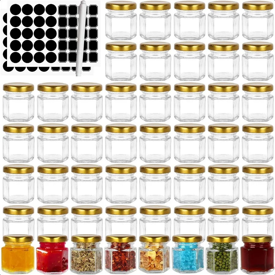 

BIGIVACA 1.5 oz Hexagon Glass Jars with Golden Lids.Set of 48 Pack Mini Canning Jars Containers for Spice JamJelly Wedding Favo