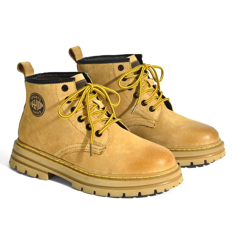 

Outdoor Leather Mens Slip on Boots Platform Shoes Luxury Brand Men Winter Plush Snow Boots Fashion All-match Men Motocross Boots