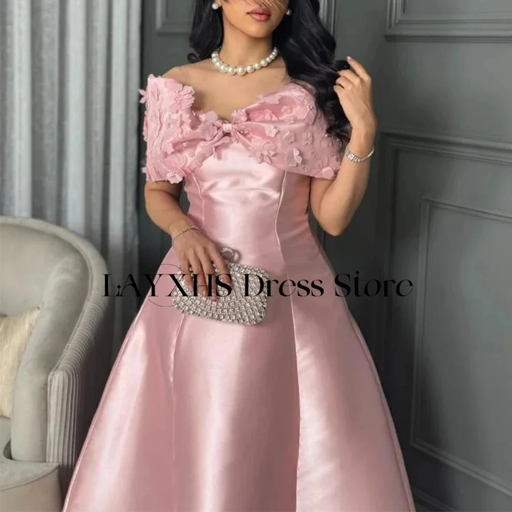 Eleganckie sukienki wieczorowe LAYXHS z odkrytymi ramionami, różowa kokarda, linia A, kwiaty, sukienki na studniówkę dla kobiet, szyte na miarę فساتين سهرة