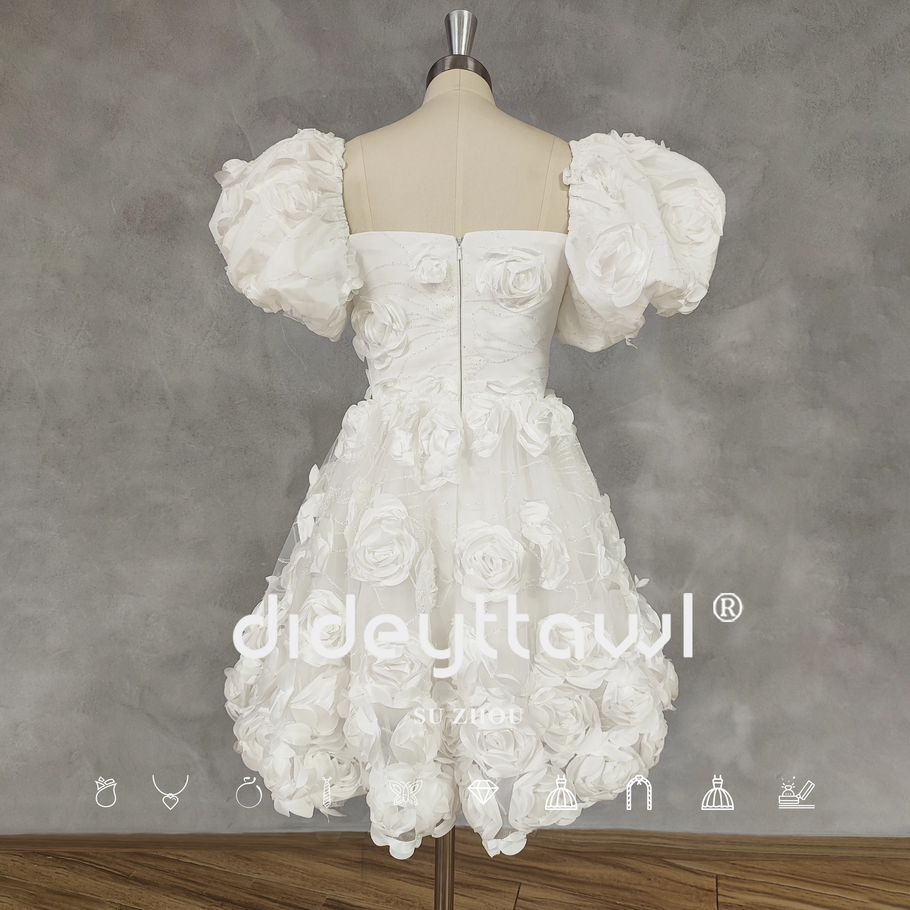 DIDEYTTAWL Real Photo 3D Flowers Square Neck Puff Sleeves Short Wedding Party Dress A-Line Zipper Back Mini Length Bridal Gown