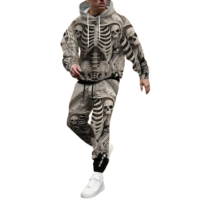 A trendy and fashionable sportswear set featuring a 3d printed skull skeleton hooded sweatshirt and long pants for men in 2025