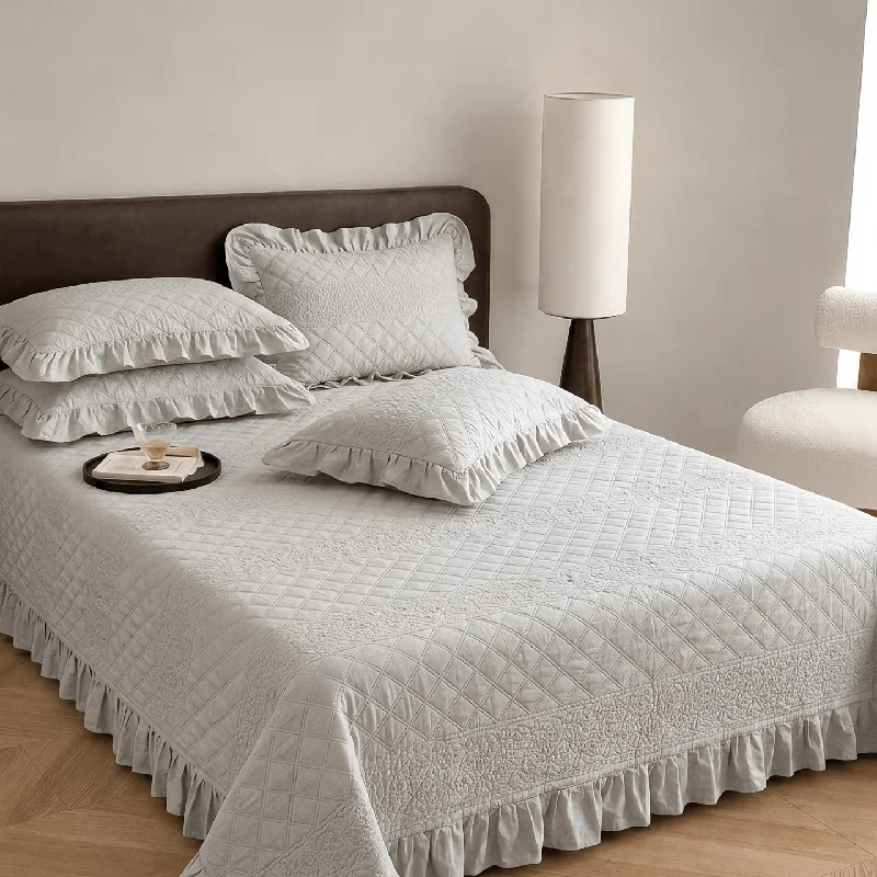 Cotton Linen Blend Quilted Bedspread 3-Piece Set, Solid Lace Trim Lightweight Coverlet,Multipurpose Quilt Blanket for Bed/Sofa