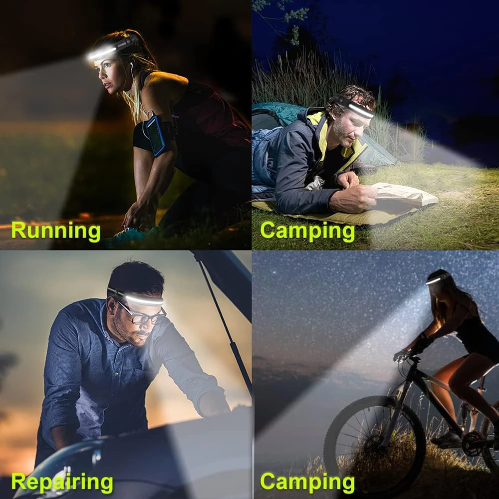 Powerful COB LED Headlamp White and Red Light Source 4 Lighting Modes Headlight Rechargeable Torch Work Light Camping Lantern