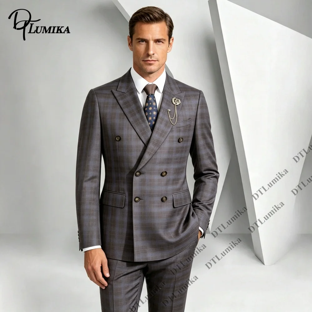Plaid Double Breasted Men Suit 2 Pieces Blazer Pants Formal Business Suit Set Slim Fitting Office Interview Party Prom Tuxedo