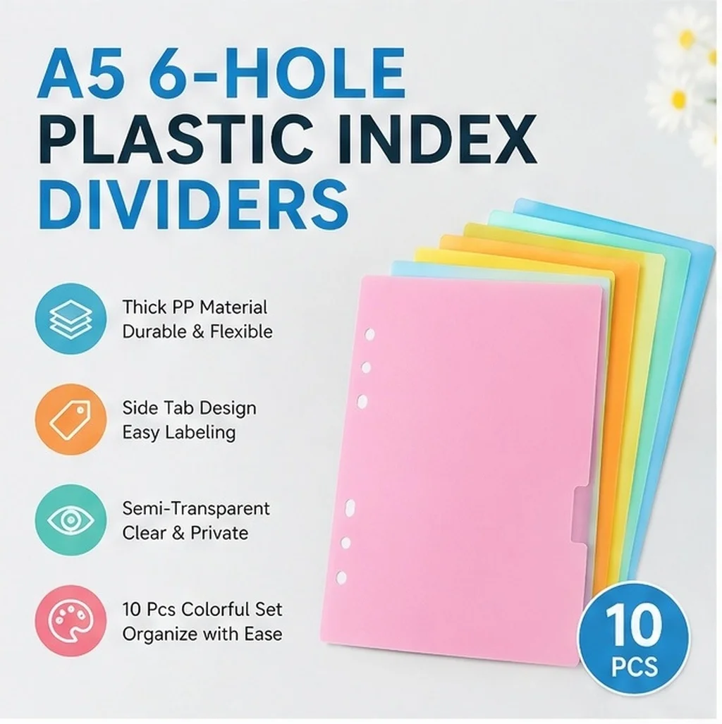 10Pcs Smooth Flexible Plastic Dividers with Label Tabs for A5 Binder Index Classification Translucent Design 6-Hole Study