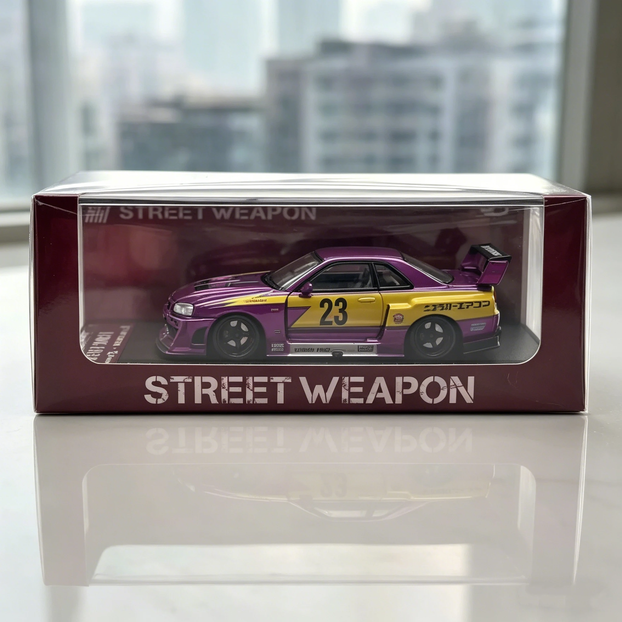 

Nissan Skyline SW 1:64 GT-R (BNR34) Liberty Walk #23 Pink/Yellow Climax Racing Livery Diecast Model Car In Stock Ready To Ship