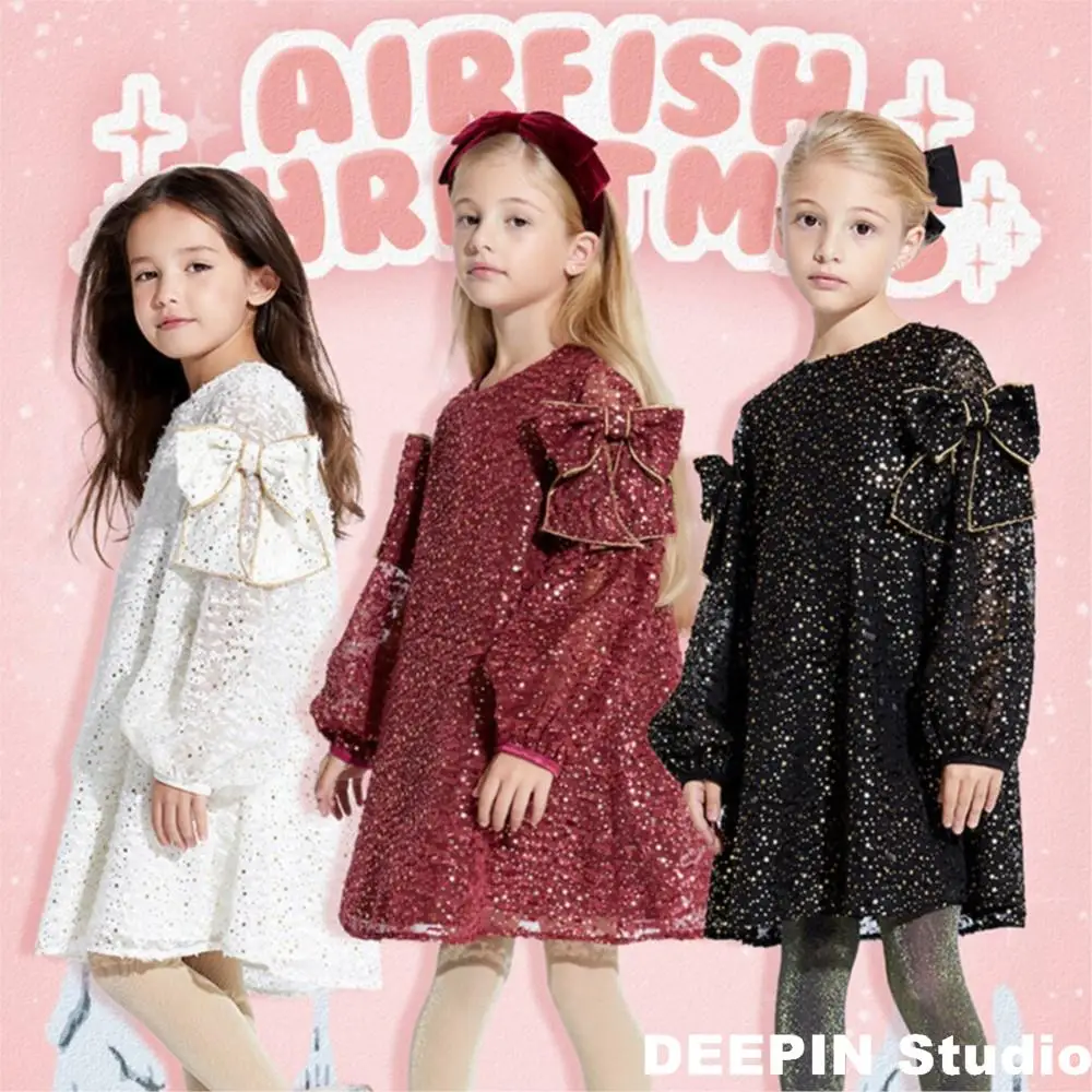 Girls Sequin Dress 24 Spring & Summer New Children's Girls Baby Nordic Style Bow Sequin Mesh Temperament Princess Bow-Knot Dress