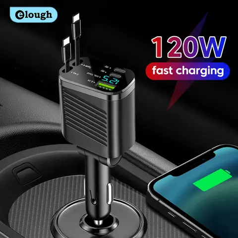Ładowarka samochodowa Elough z cyfrowym wyświetlaczem i superszybkim kablem typu C do iOS Wysuwany kabel USB QC3.0 Ładowarka samochodowa do telefonu iPhone