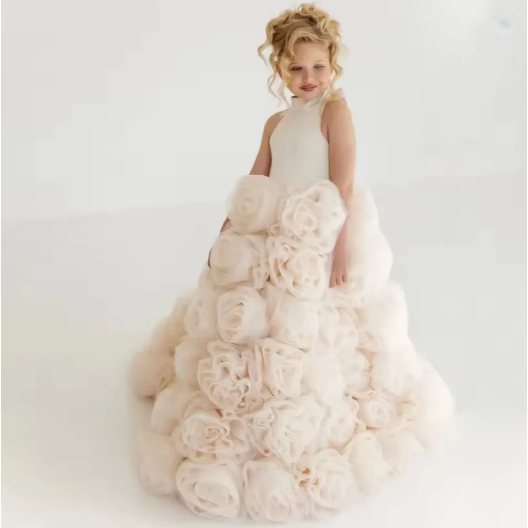 Girls 3D Rose Flower Pageant Dress Halter Neck Bow Back Trailing Flower Girl Dress Champagne Kids Wedding Birthday Party Gown