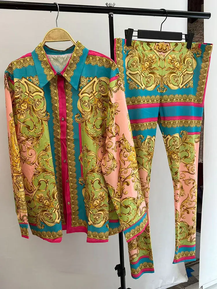 Retro printed lapel long-sleeved shirt 2025 spring women's new suit+elastic waist slim elastic feet pants fashion two-piece suit - Image 6