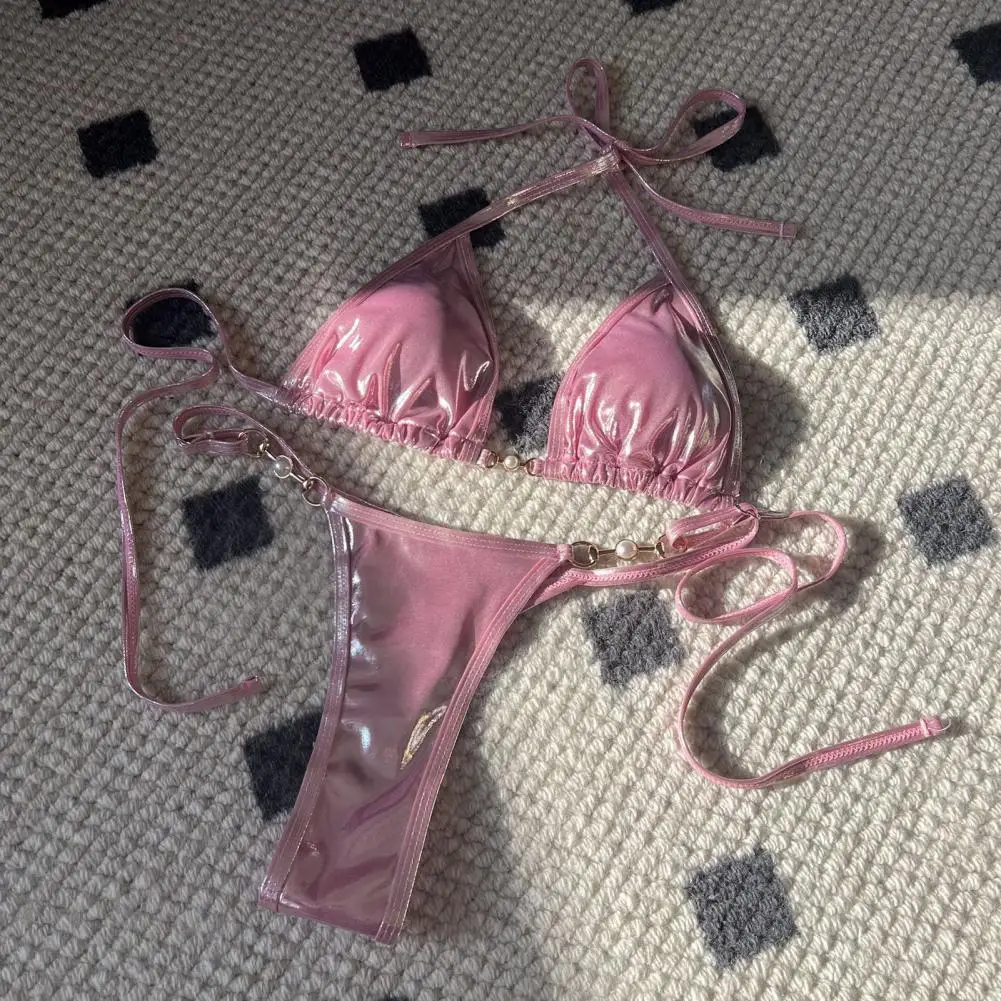 Tiefer V-Riemchen-Bikini-Set für Damen, helle Oberfläche, Neckholder-Bikini-Set mit Kunstperlen und Schnür-Tanga, schnell trocknend, für Strandbekleidung