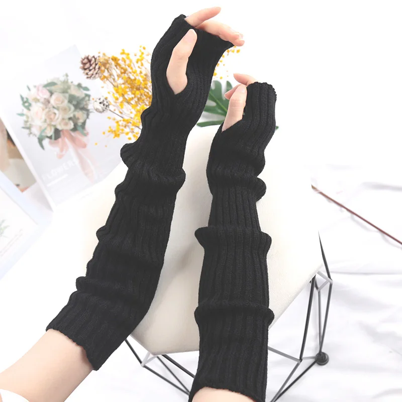 

1Pair Women Long Fingerless Gloves Soft Female Kawaii Mitten Winter Warmer Knitted Arm Sleeve Girls Punk Gothic Gloves