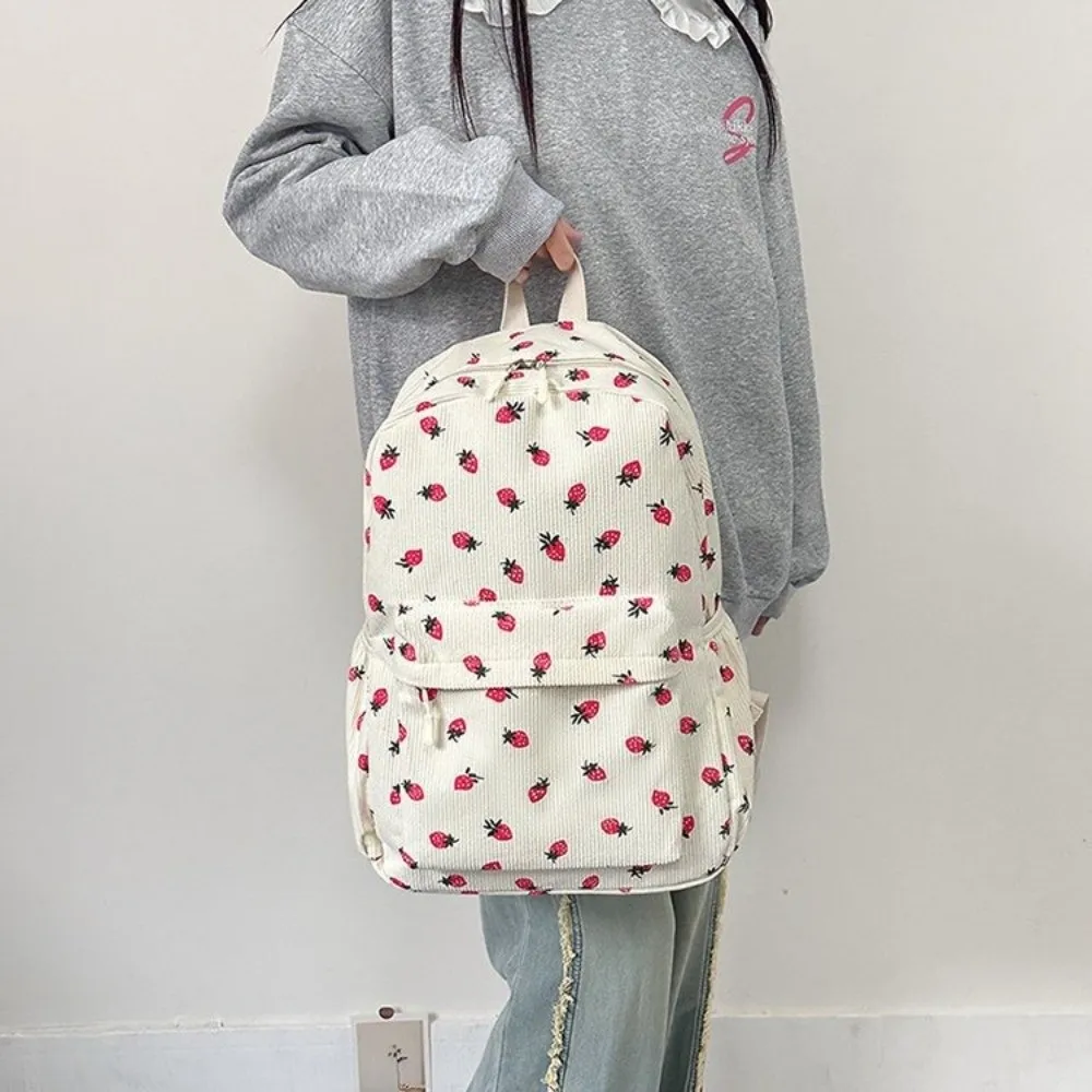 Strawberry Corduroy Backpack Solid Color Lightweight Students School Bag Large Capacity Japanese Style Students Daypack Work