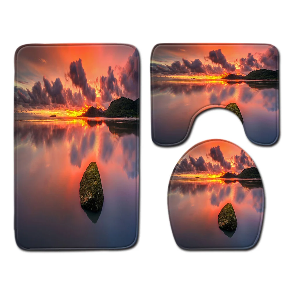 

Bathroom 3-piece set Summer Beach Sunset Sunrise Sea View non-slip Carpet Toilet Seat Cover and Bath Mat Bathroom Decor