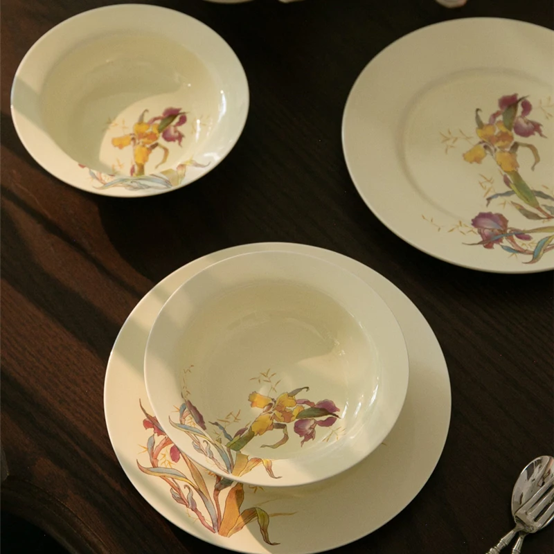 Ceramic Dinner Plate Set French Iris Dessert Bowl Dishes Soup Plate Breakfast Flat Plate Home Kitchen Gourmet Container