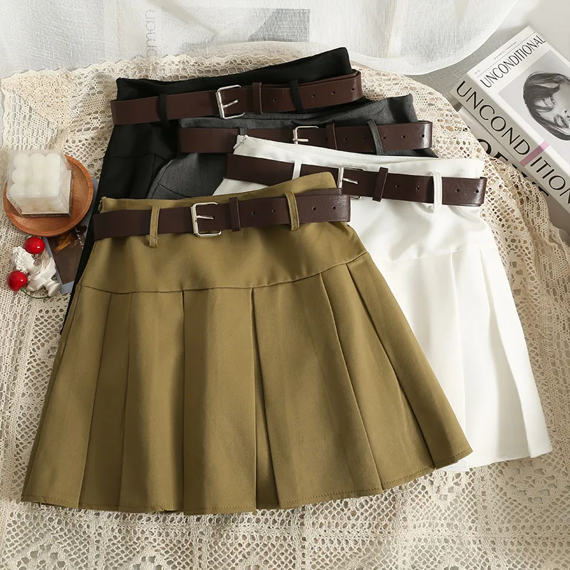 

With Sashes 2022 New Vintage All Match Pleated Skirt Women High Waist A Line Umbrella Skirts Ladies Casual Short Mini Skirt Saia