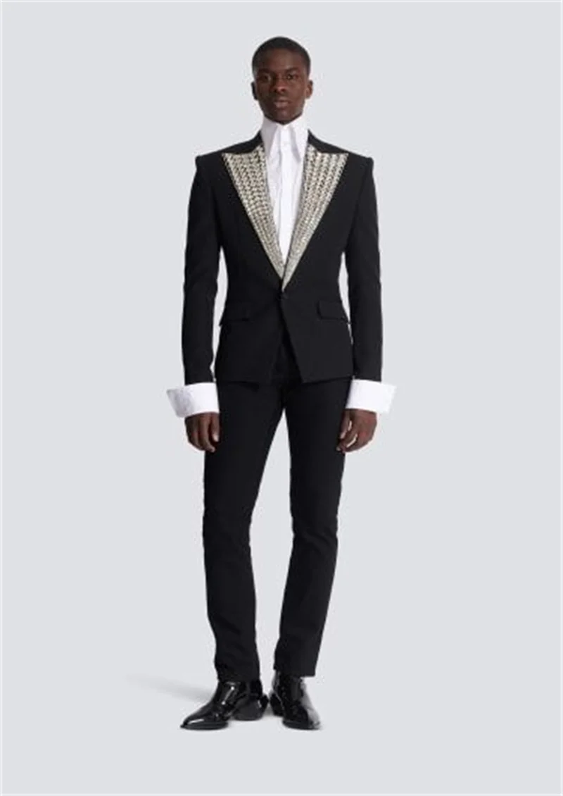 

Crystals Black Men Suit Set 2 Pcs Groom Blazer+Pants Trousers Luxury Formal Office Coat Wedding Tuxedo Customized Jacket Outfit