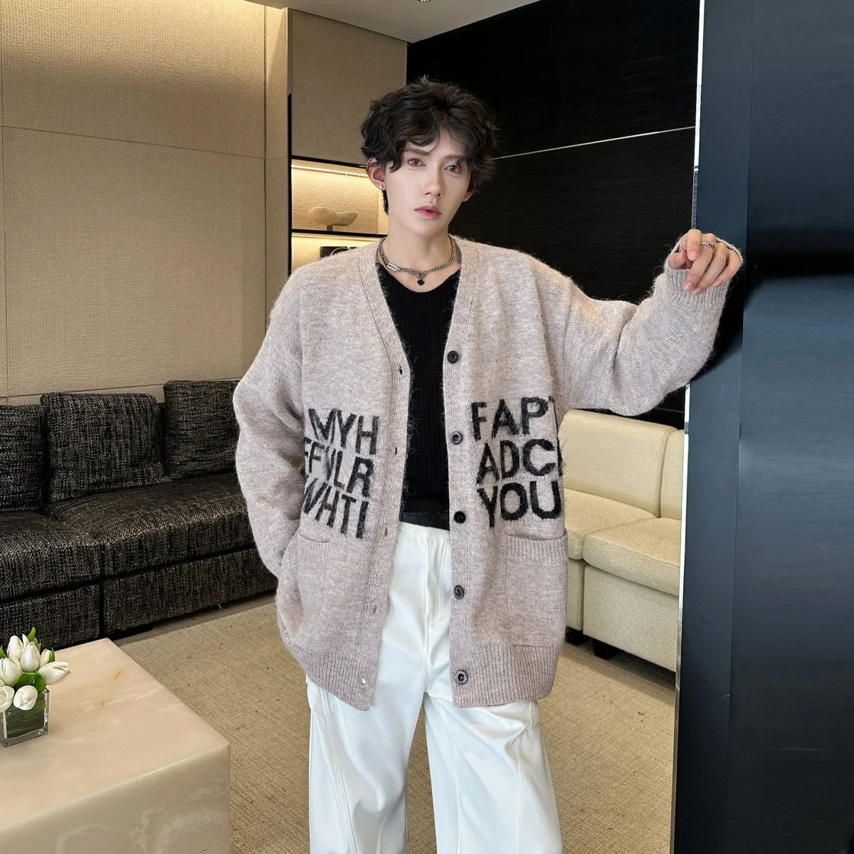 Cappotto maglione lavorato a maglia con motivo a lettera morbido e accogliente per donna Uomo Lazy Sle Autunno Inverno Fibra di poliestere di alta qualità V-Ne Lungo...