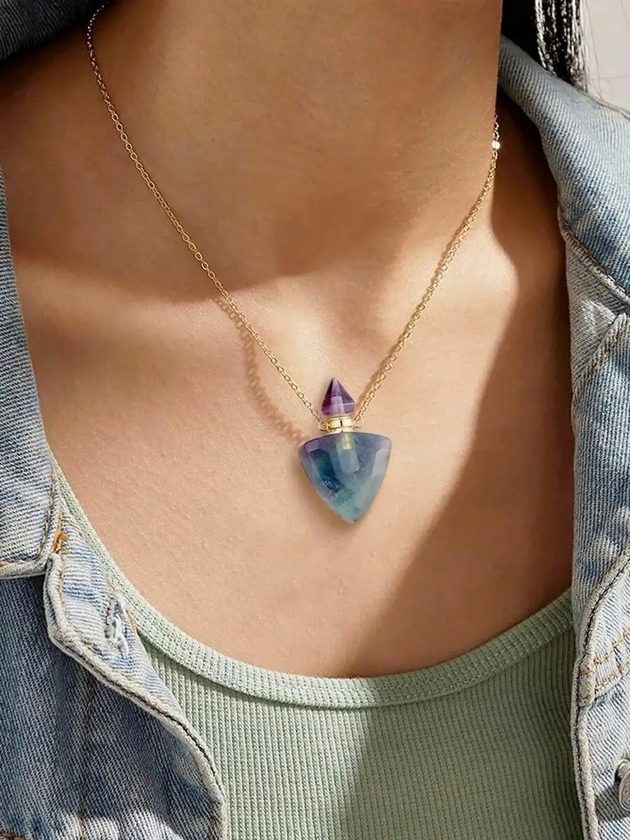 

Triangle Shape Crystal Perfume Bottle Pendant Necklace Natural Fluorite Gemstone Diffuser Jewelry For Adults