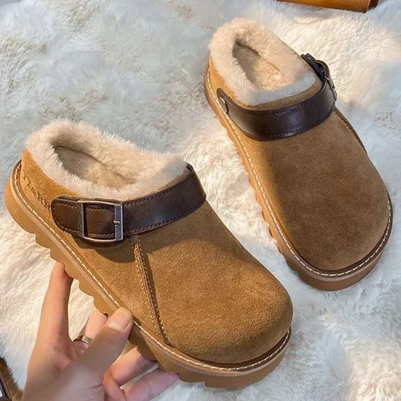 Women Slippers Fur Flats Short Plush Mules Shoes New Women Platform Cotton Shoes Suede Home Flip Flops Warm Shoes