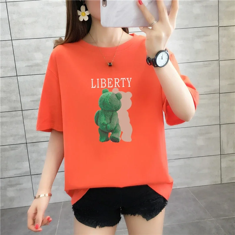 

Cotton big yards short-sleeved T-shirt summer new Korean loose thin cover belly round neck cotton printed blouse female