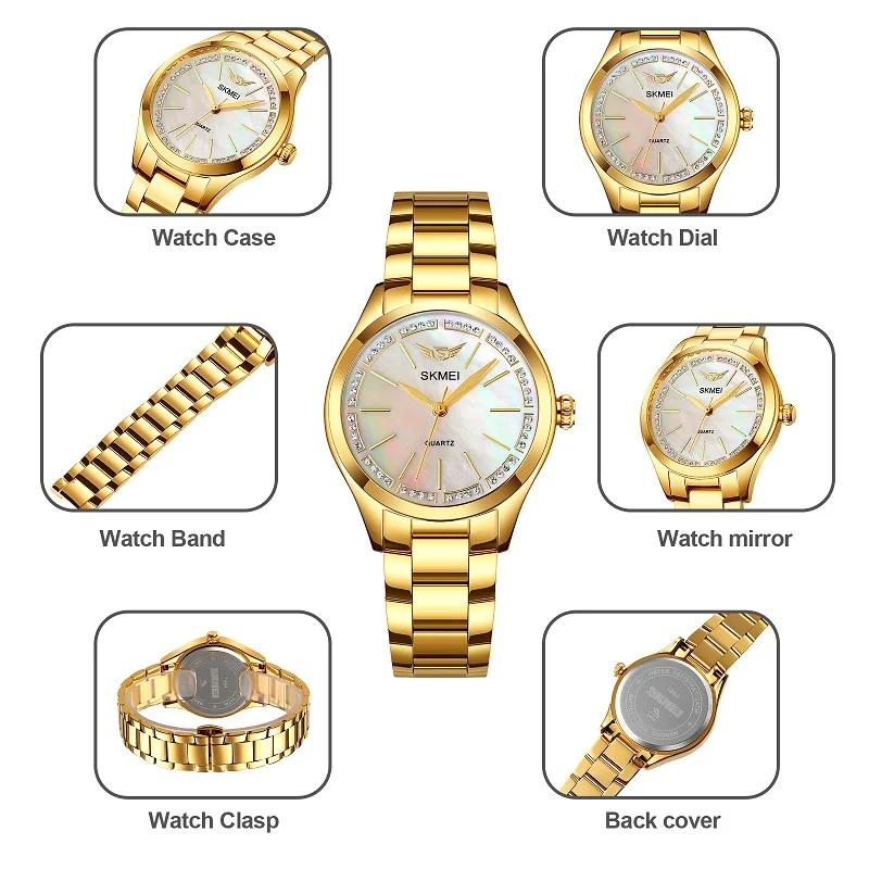 SKMEI-reloj de cuarzo clásico dorado para mujer, pulsera elegante de lujo, resistente al agua, regalo