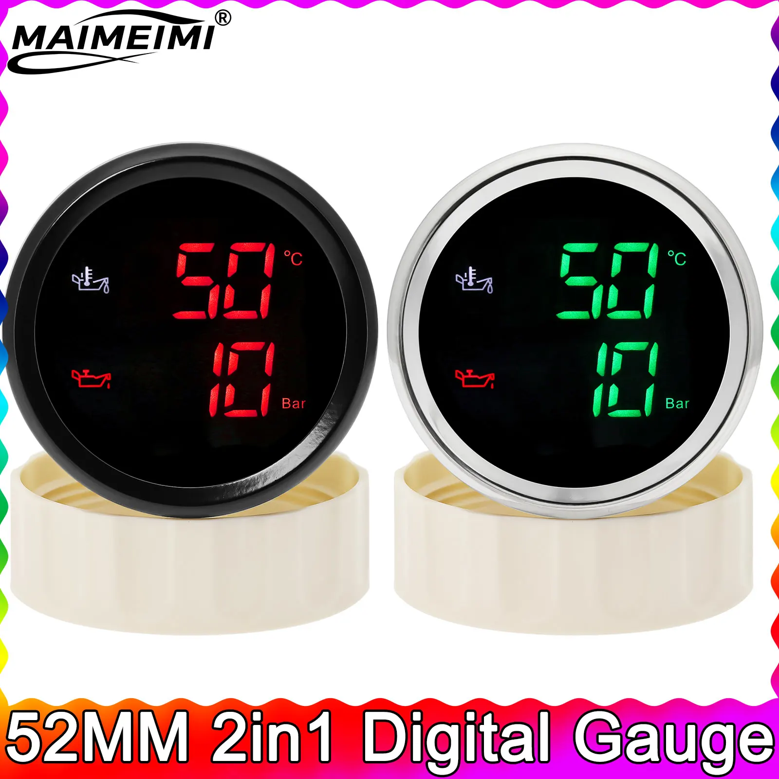 

52 мм 2 в 1 цифровой датчик температуры масла красная подсветка или зеленая подсветка подходит для транспортных средств и кораблей черный