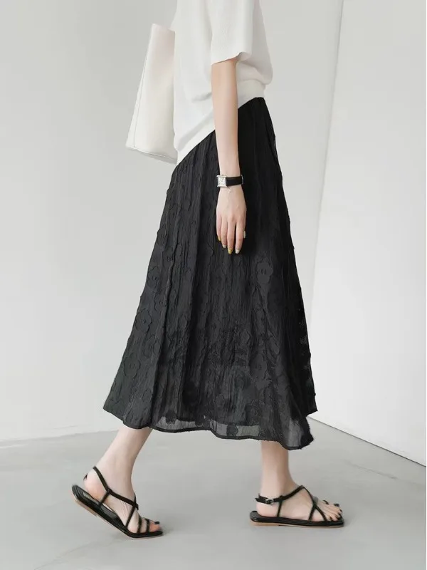 Retro Sensation Black 3D Flower Half Skirt Women's Summer Thin Elastic Waist Texture Pleated Draped Long Skirt
