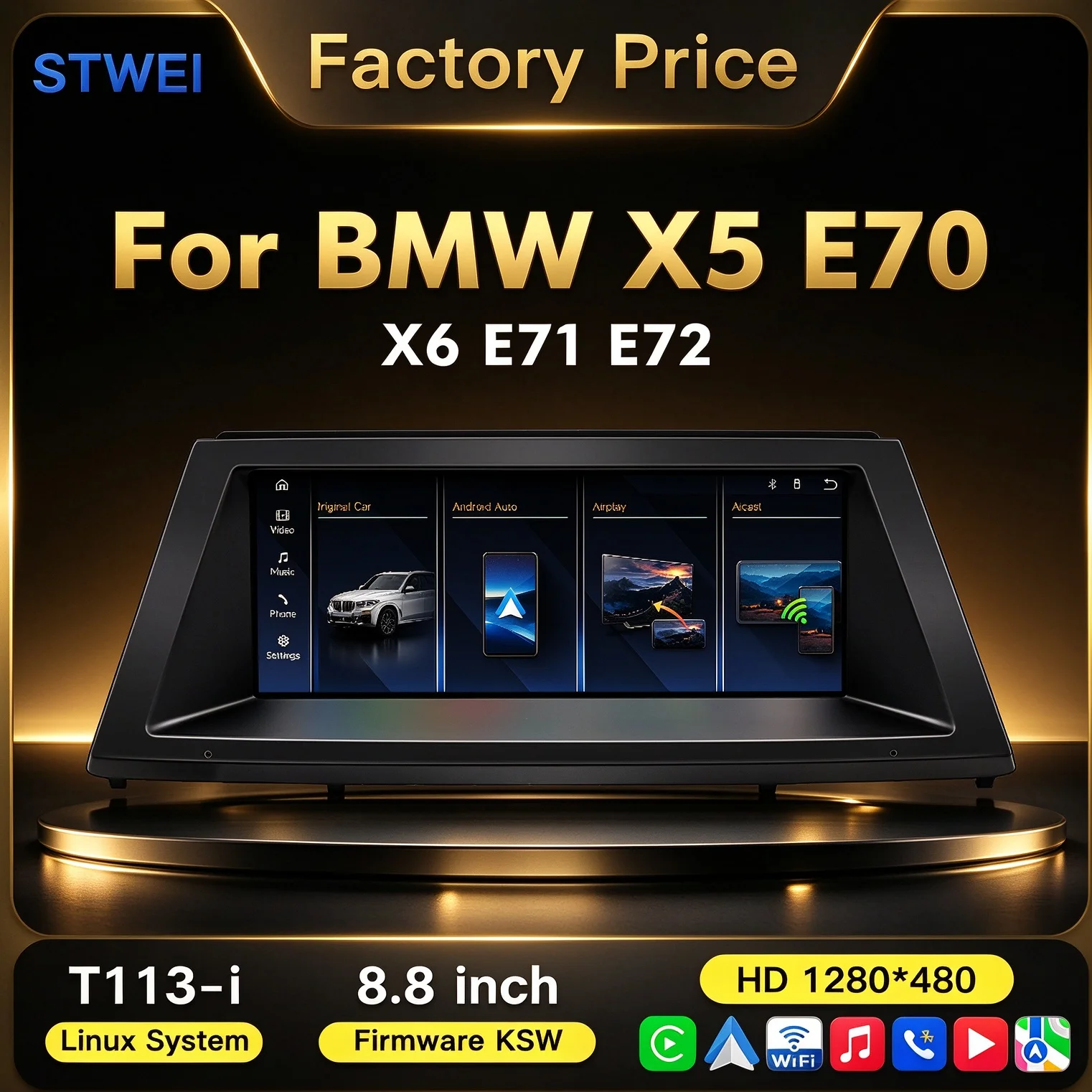 STWEI 2026 New Ultra-slim Screen Linux System T113-i For BMW X5 E70 X6 E71 E72 8.8inch Wireless CarPlay Auto GPS Navi HD1280*480