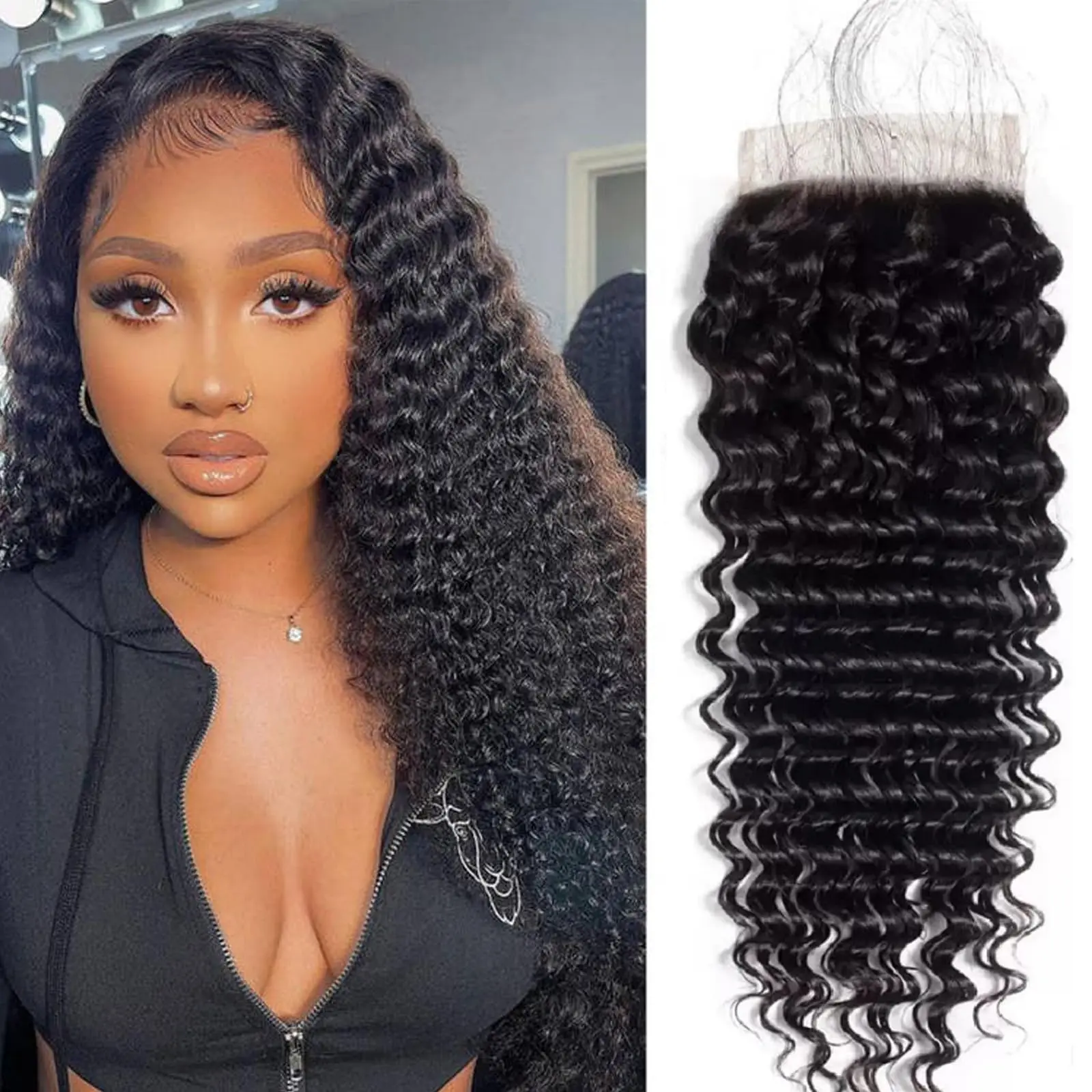 4x4 Lace Front Closure 100% Hand Tied Lace Closure Nature Remy Deep Pixie Curl Straight Human Hair Transparent Lace Closure Only