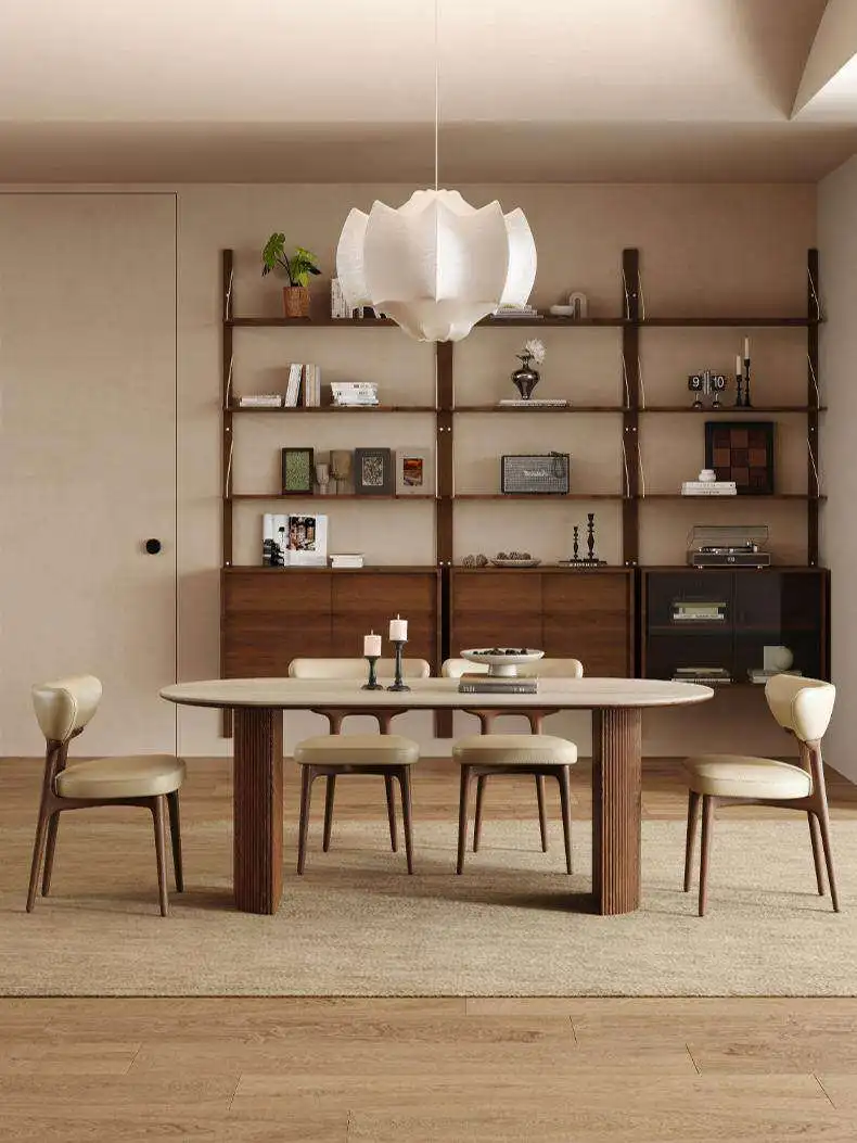 Travertine rock slab medium antique dining table household small apartment French retro restaurant oval all solid wood dining ta