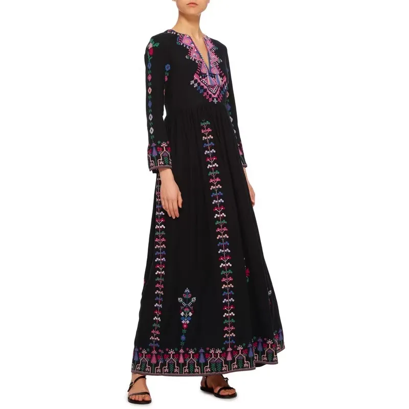 New Elegant Runway Summer Bohemian Vacation Maxi Robe Fow Women Sexy V Neck Black Embroidery Flower Linen High Waist Long Dress