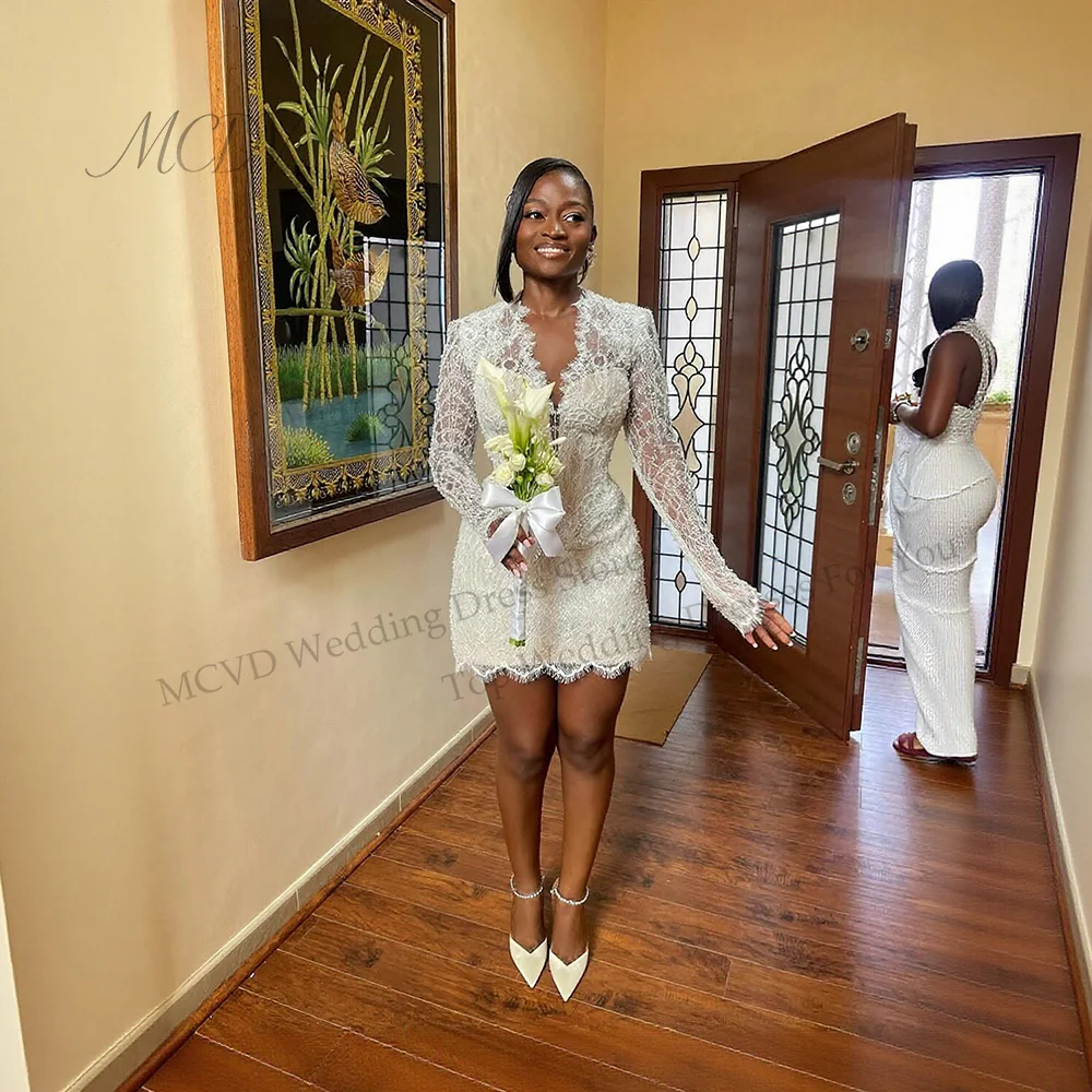 Civil Wedding Reception Dresses Full Sleeve V-Neck Applique Engagement Party Dresses For African Women stido De Novia Customized