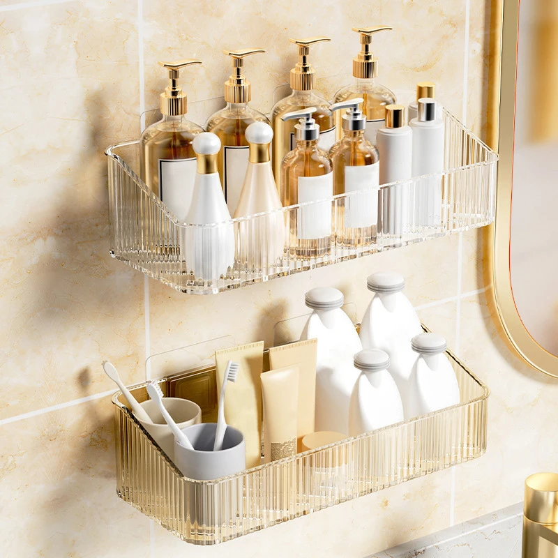 Wall Mounted Shower Shampoo Racks Shelves Organizer Non-drilling Removable Transparent PET Material Bathroom Storage Rack