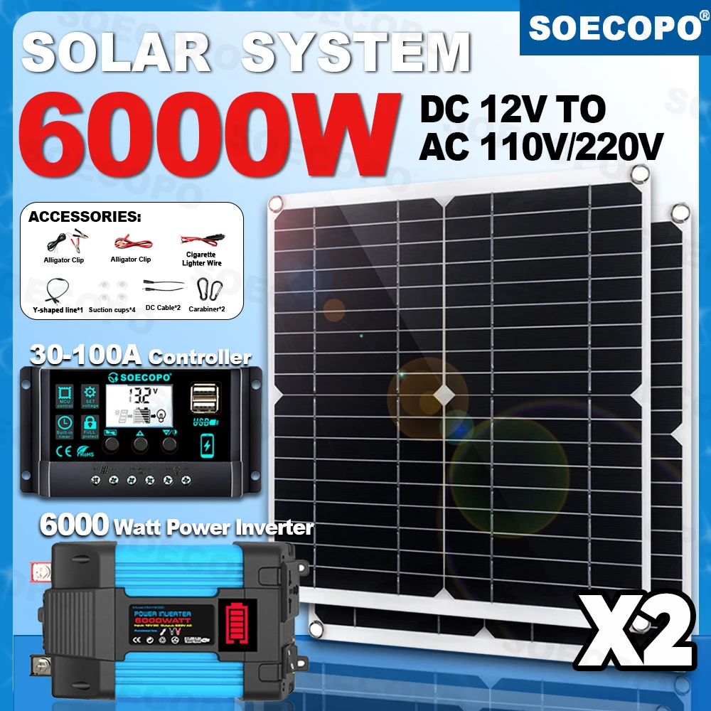 

SOECOPO 6000W Caravan Solar System Kit Camping DC 12V - AC 110V/220V Inverter USB 5V/1.5A 2*300W Solar Panels 100A Controller