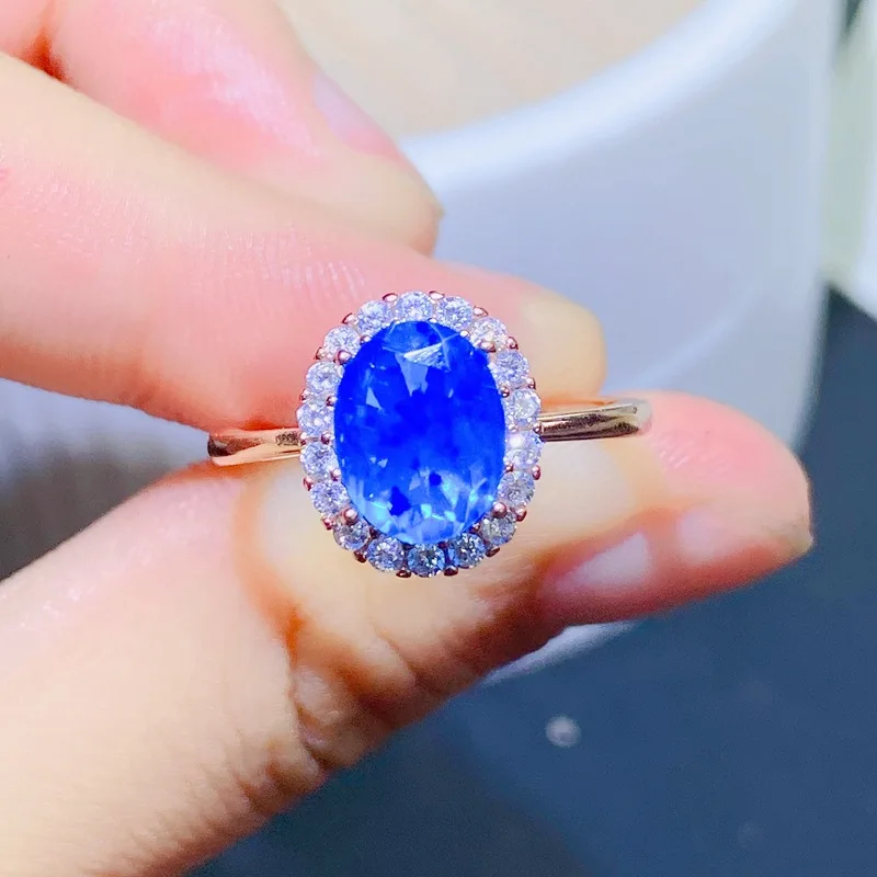 

YULEM New Store Sale Natural Blue Opal Ring 925 Silver Women's Ring Gold Plated Process Simple Atmosphere 7x9mm