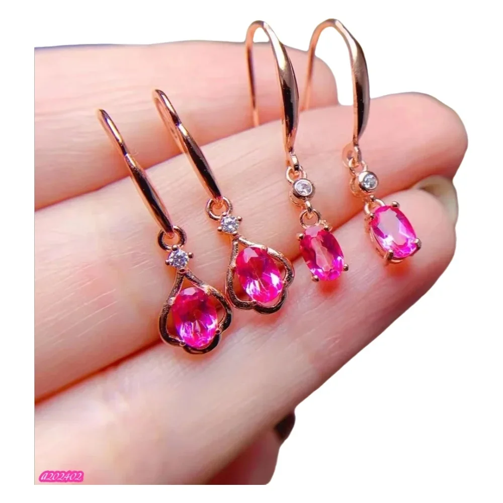 

KJJEAXCMY-925 Sterling Silver Earrings for Women, Natural Colored Gemstone, Pink Topaz Jewelry, Girl's Party, Birthday Christmas